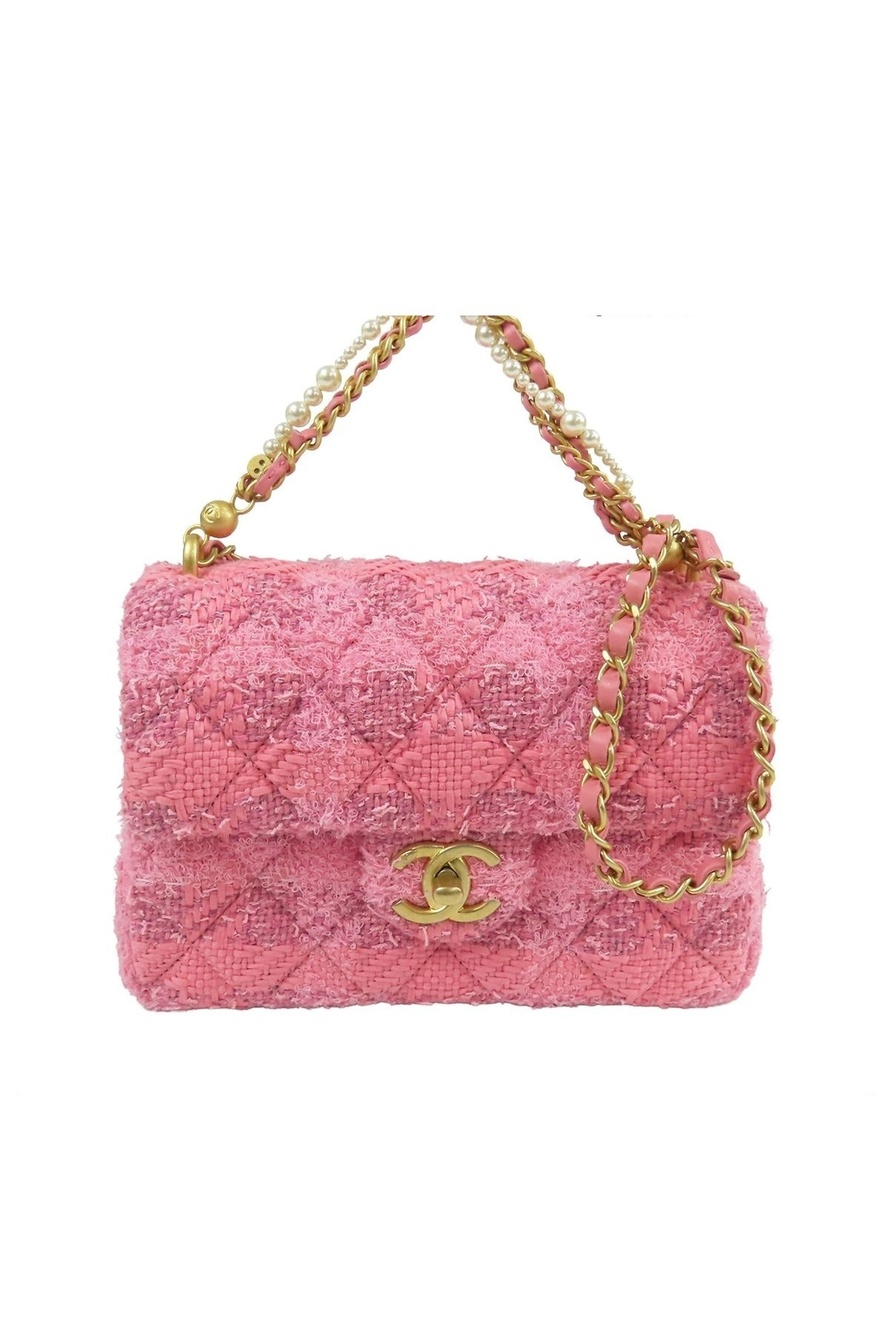 Chanel Chain Shoulder Bag Pink Gold Tweed Quilted Mini Flap